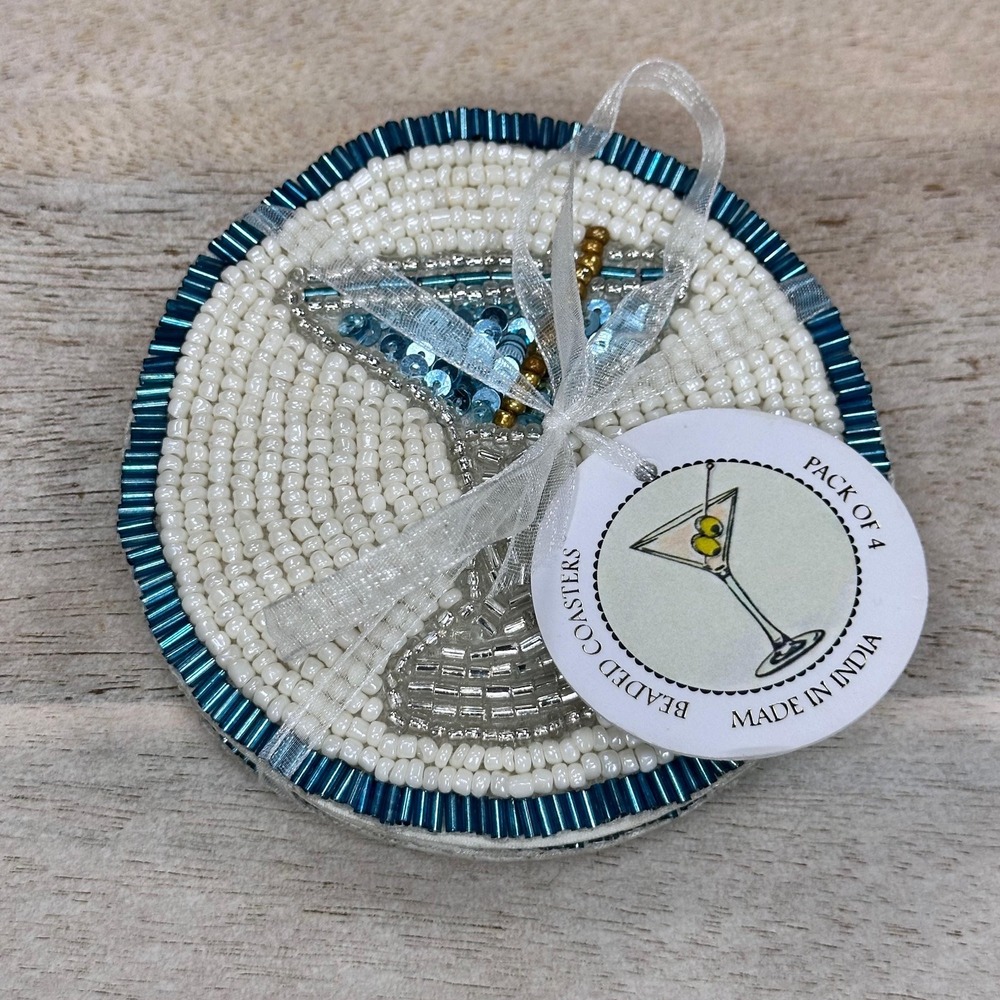 Handmade Beaded Martini Coaster Set Teal White Glass Bead Barware Decor - Picture 9 of 9